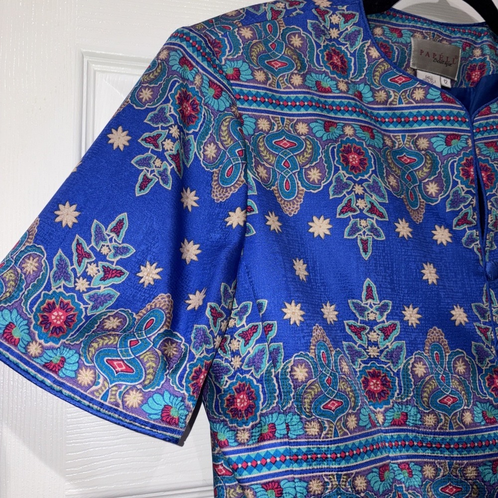 Adrianna Papell Boutique Silk Button Up Blouse Women Size 12 Blue Floral Vintage - Picture 6 of 9